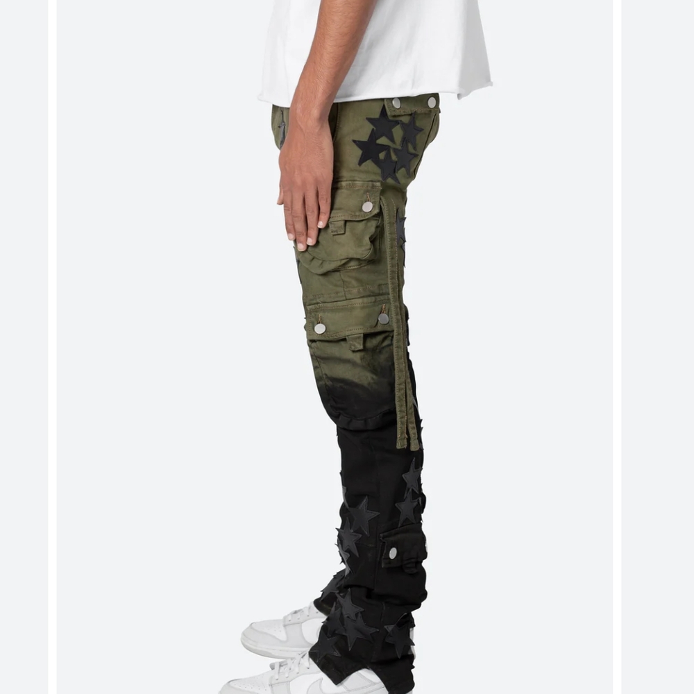 MNML Green Cargo Pants with Black Star Accents - Picture 9 of 12